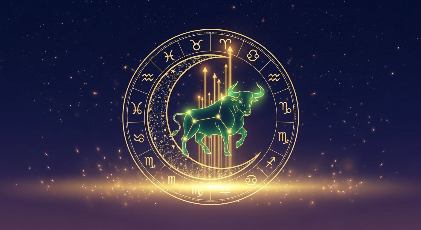 Tanda zodiak Taurus bersinar dengan konstelasi di dalam roda zodiak melingkar dengan latar belakang berbintang.