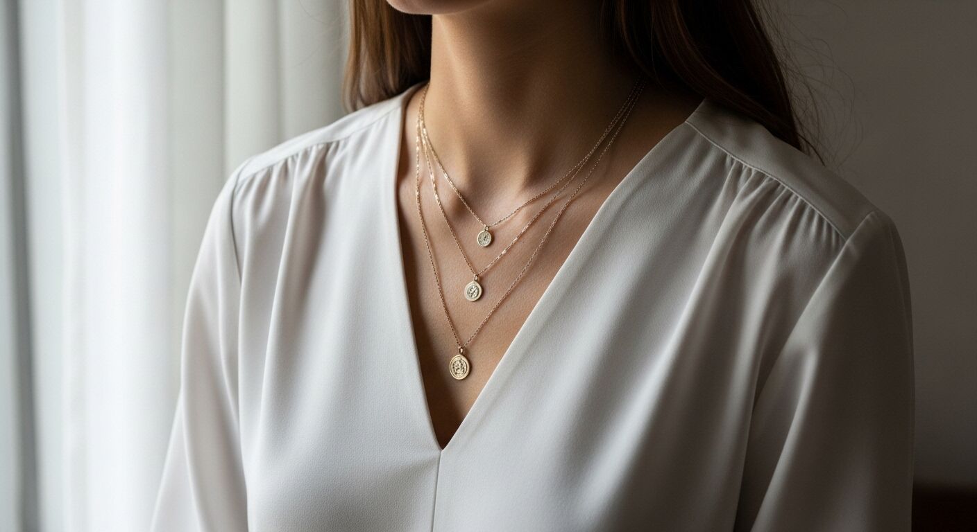Wanita mengenakan kalung liontin koin emas tiga lapis dengan blus V-neck putih