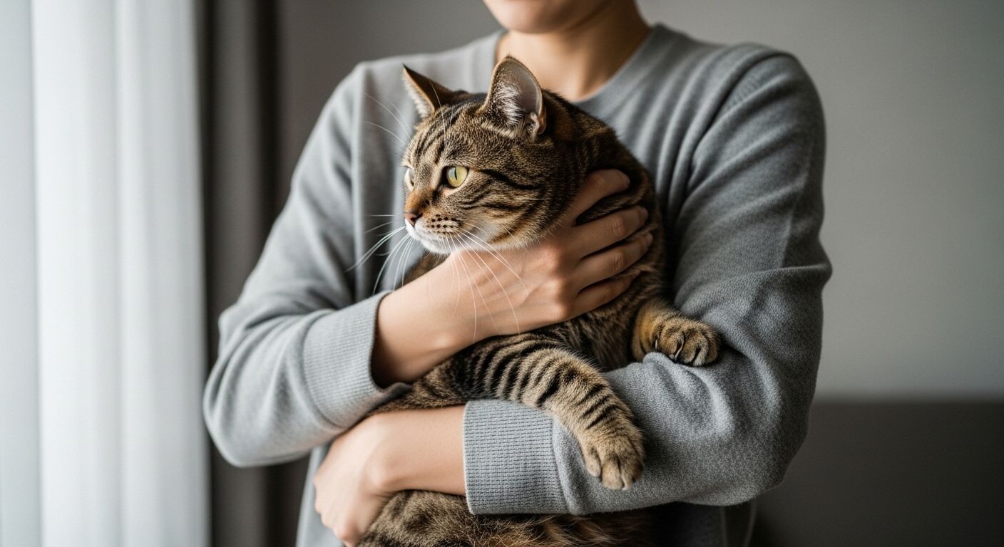 Orang dengan sweter abu-abu memegang kucing kucing coklat melihat ke samping dalam ruangan dekat jendela