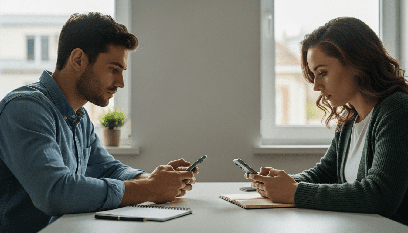 Pria dan wanita duduk di meja menggunakan smartphone dengan buku catatan dan pena di depannya dekat jendela.