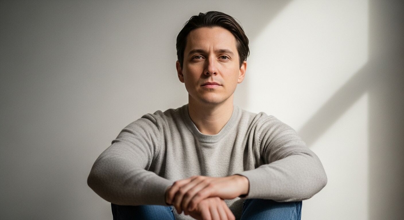 Pemuda berambut hitam mengenakan sweter abu-abu muda duduk dengan tangan bersilang di lutut dengan latar belakang polos