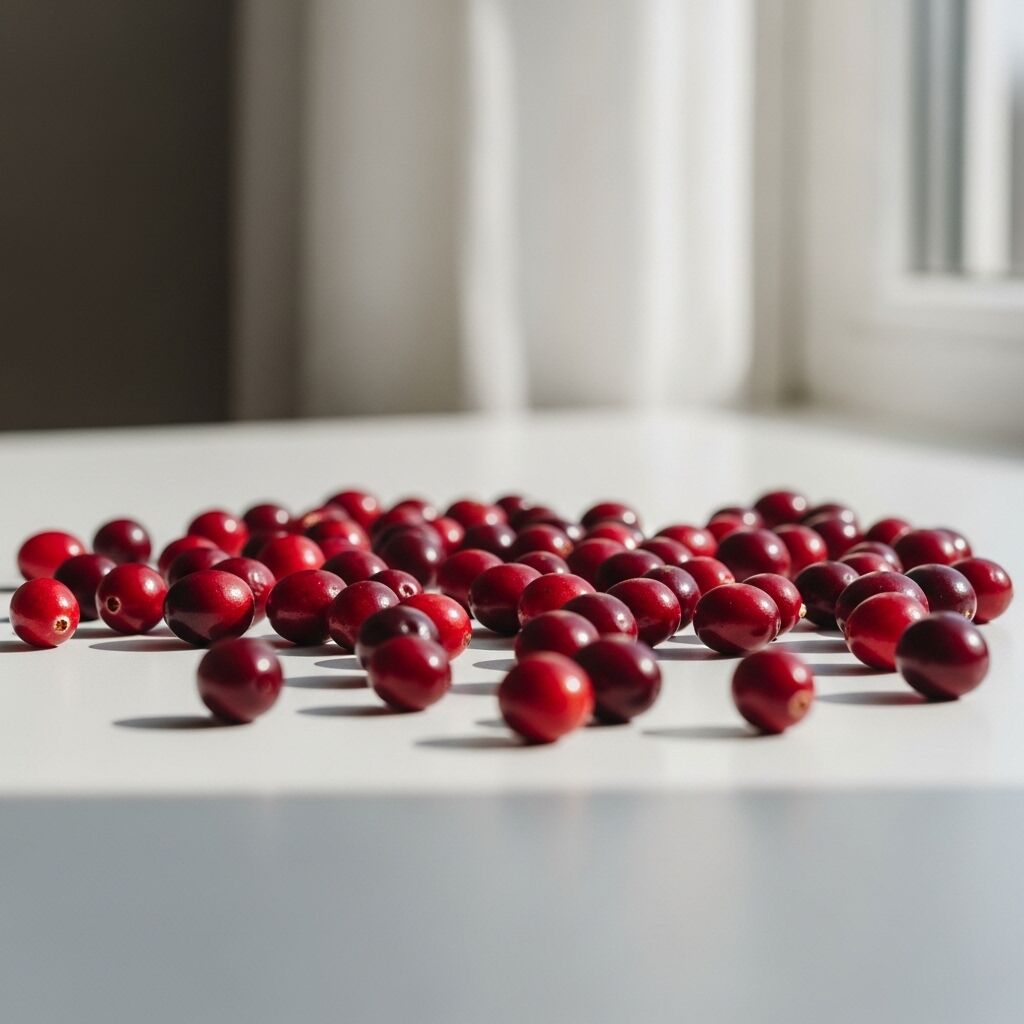 Cranberry merah segar tersebar di permukaan putih dengan cahaya alami yang lembut.
