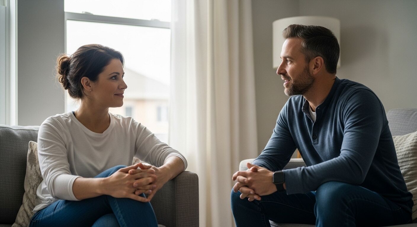 Pria dan wanita duduk di sofa saling berhadapan dan berbincang di ruang tamu.