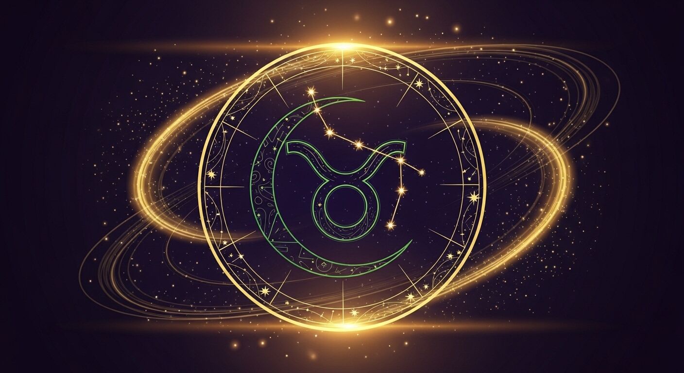 Simbol zodiak Taurus emas bersinar dengan konstelasi dan bulan sabit dengan latar belakang berbintang gelap