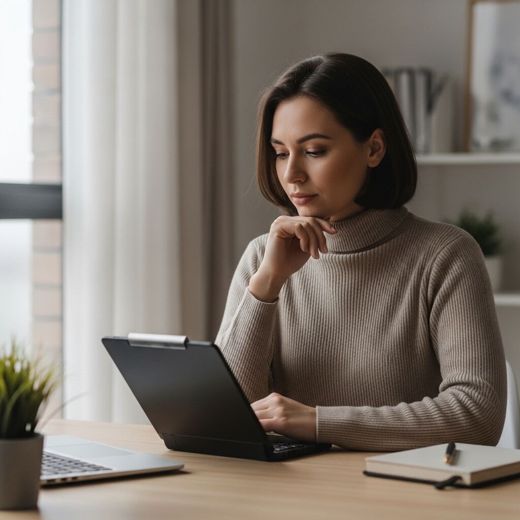 Wanita dengan sweter turtleneck krem ​​menggunakan tablet di meja dengan laptop dan buku catatan di dekatnya
