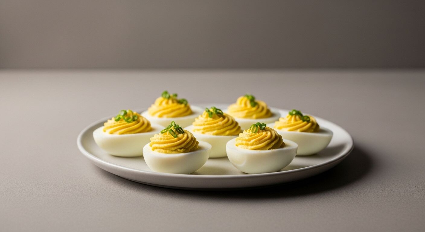 Sepiring telur setan dihiasi dengan bawang hijau cincang pada permukaan abu-abu