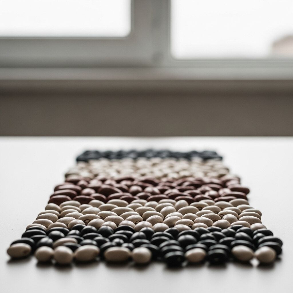 Barisan biji kopi berwarna hitam, putih, dan coklat tersusun membentuk pola persegi panjang pada permukaan berwarna putih.