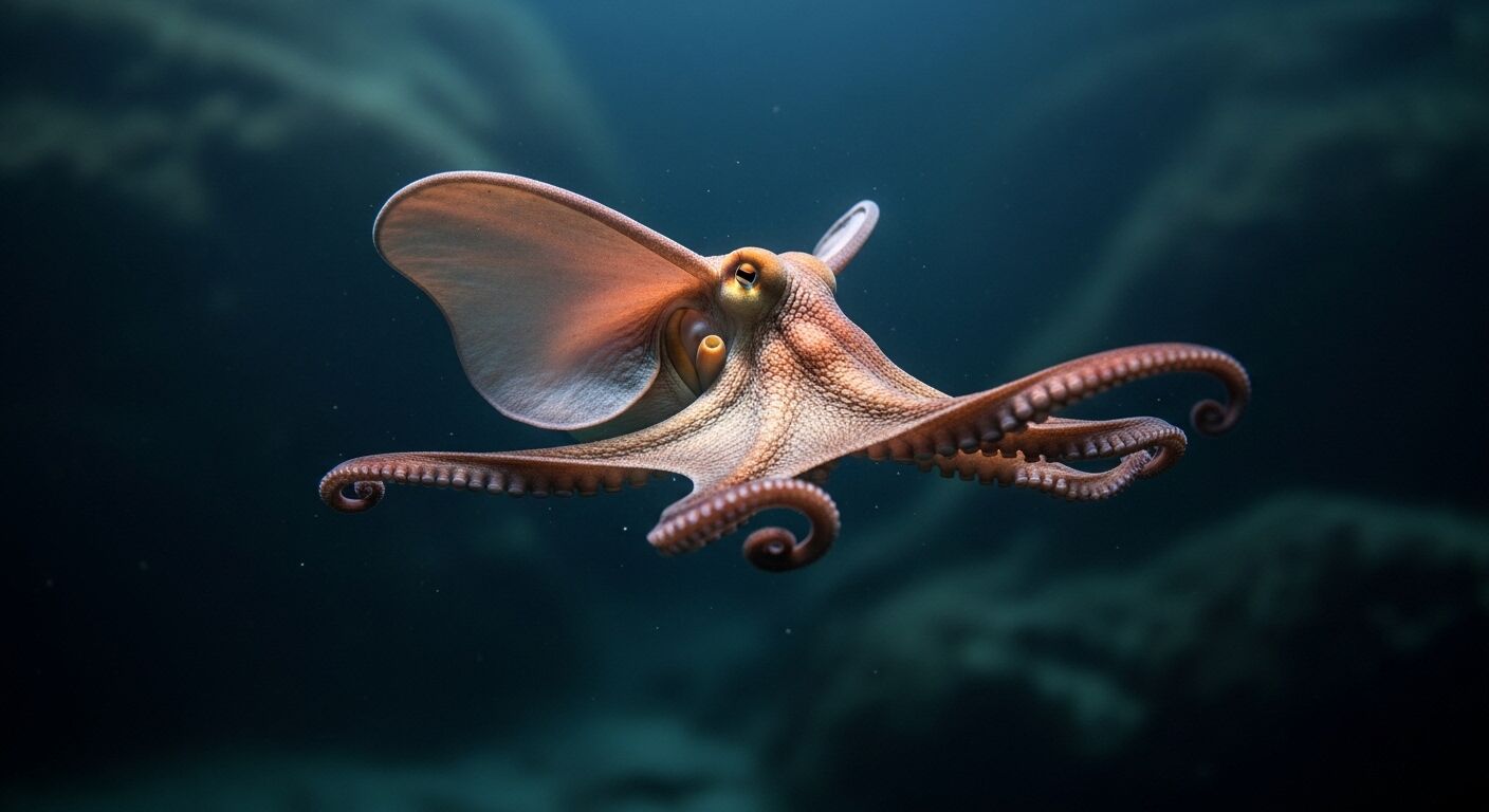 Gurita berenang di bawah air dengan tentakel memanjang dengan latar belakang laut yang gelap