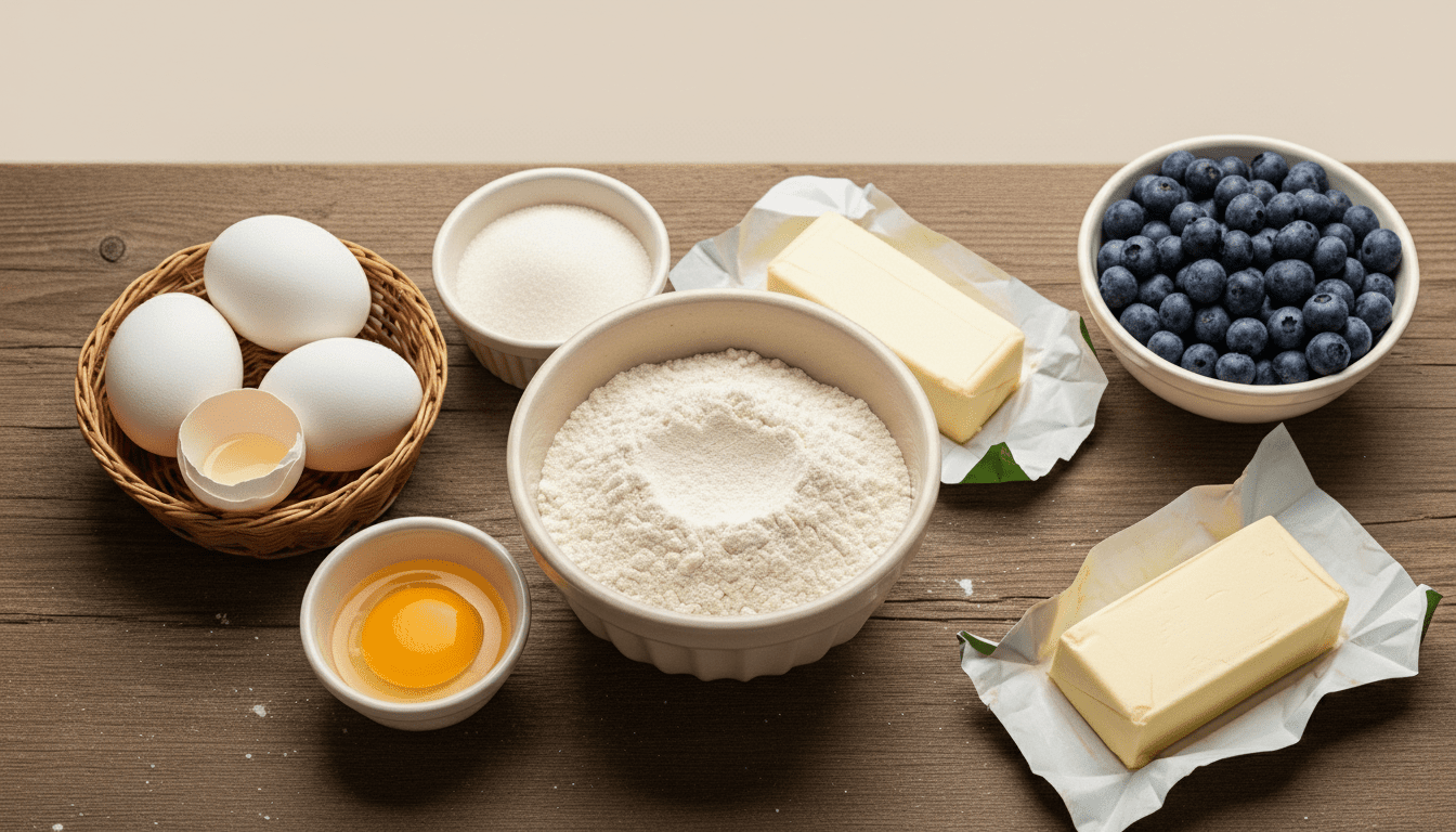 Mangkuk tepung, gula, telur, mentega, dan blueberry segar di permukaan kayu untuk dipanggang.