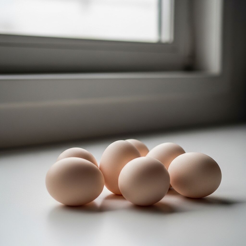 Tujuh telur coklat di permukaan putih dekat jendela dengan cahaya alami yang lembut.