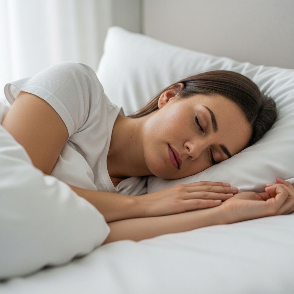 Wanita muda tidur nyenyak di atas bantal putih dan tempat tidur dengan kemeja putih.