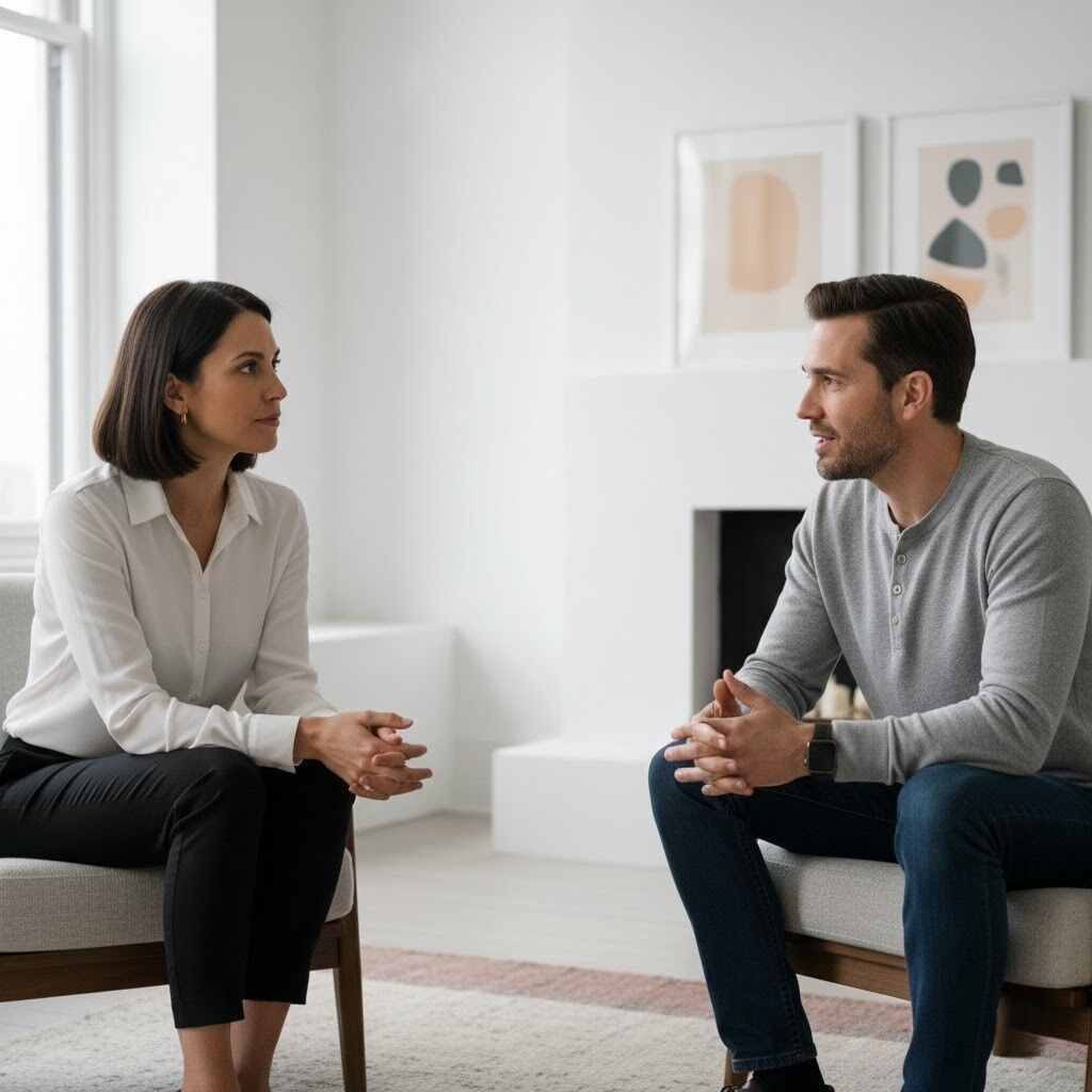 Pria dan wanita duduk dan melakukan percakapan serius di ruang tamu modern dengan seni abstrak di dinding