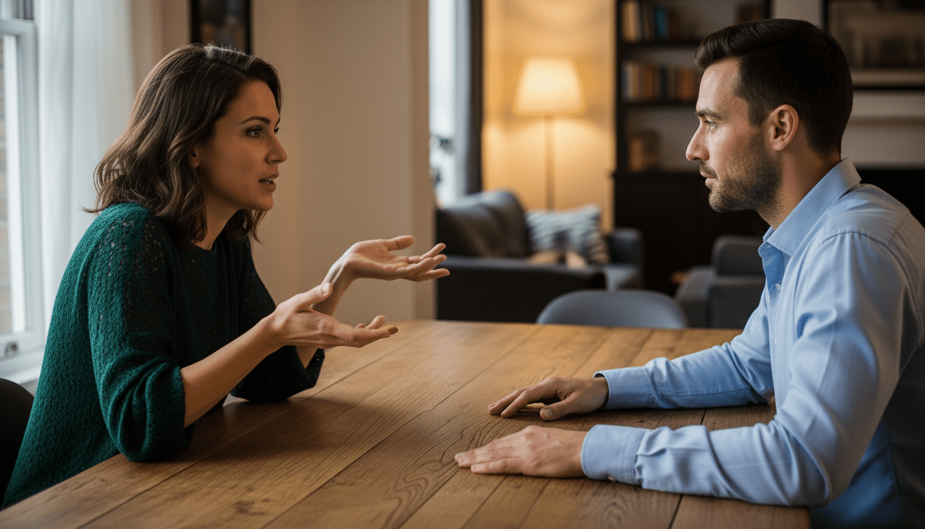 Wanita bersweter hijau berbicara dengan pria berkemeja biru di seberang meja kayu di ruang tamu