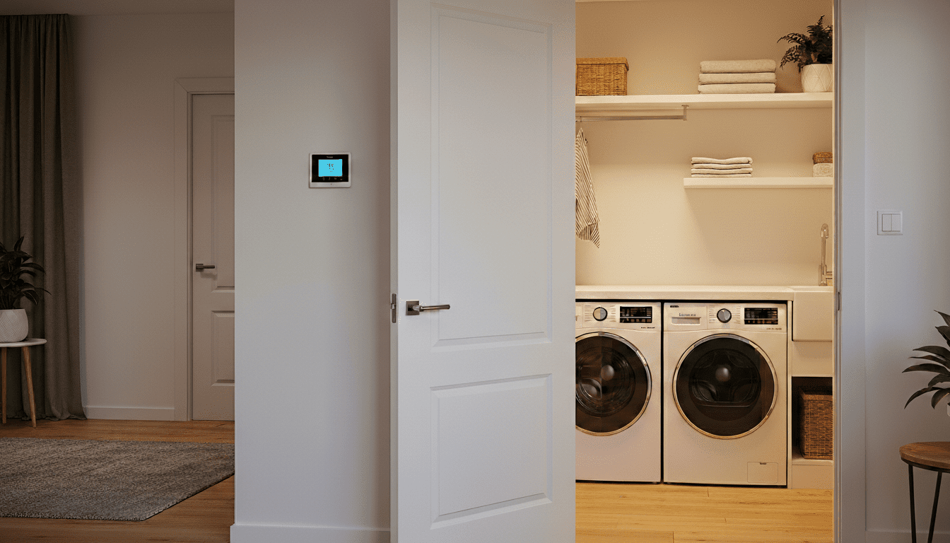 ruang cuci dengan mesin cuci dan pengering bukaan depan, rak dengan handuk dan keranjang anyaman, dan wastafel serbaguna
