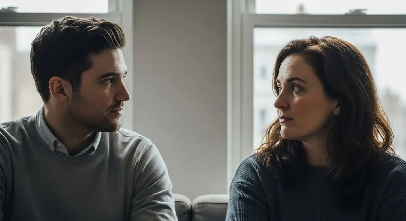 Pria dan wanita duduk di sofa saling berhadapan dengan ekspresi netral di dekat jendela.