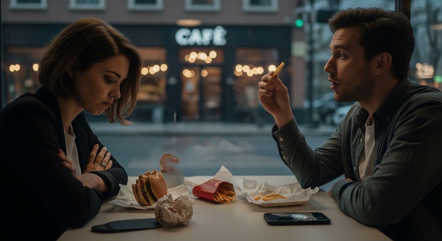 Pria dan wanita duduk satu meja dengan kentang goreng dan burger McDonald's, wanita tersebut terlihat kesal saat pria tersebut berbicara.