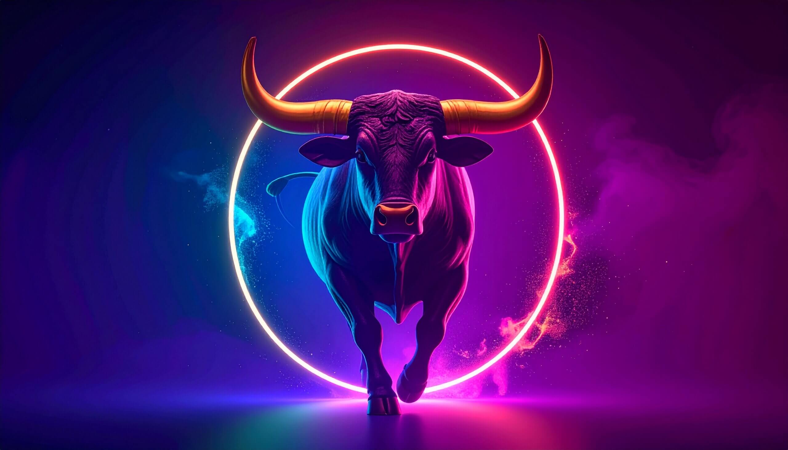 Banteng yang diterangi lampu neon dengan tanduk oranye menyala menerobos cincin cahaya melingkar berwarna merah muda dan biru cerah.