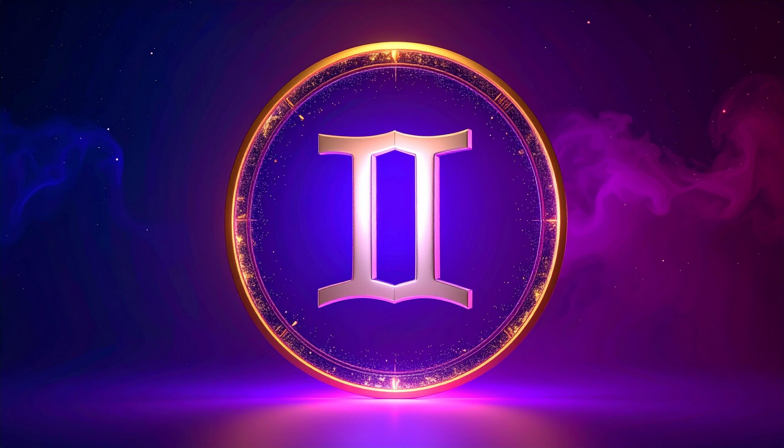 Simbol zodiak Gemini bersinar dalam bingkai melingkar emas dengan latar belakang kosmik ungu dan kabut.