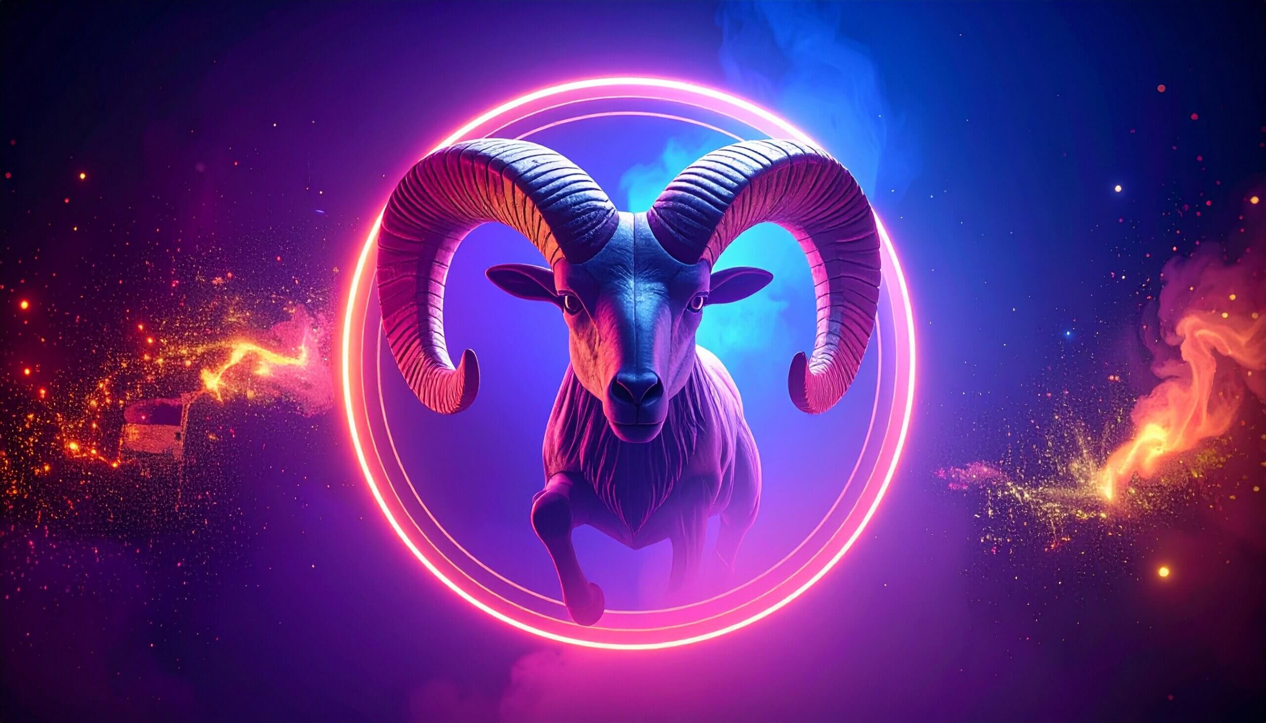 Domba jantan bercahaya neon dengan tanduk melengkung besar di dalam lingkaran merah muda bersinar dengan latar belakang kosmik gelap.