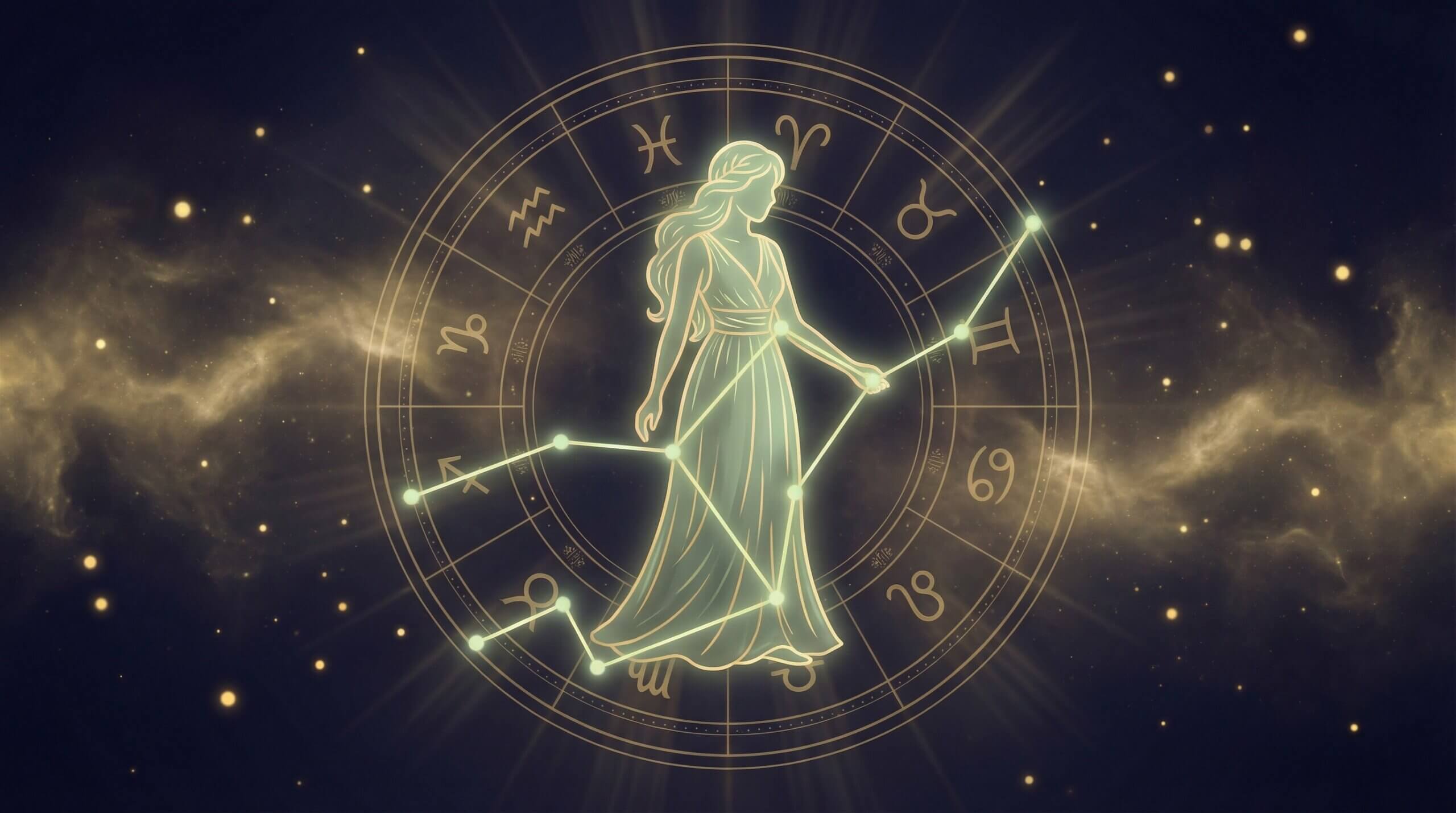 Konstelasi zodiak Virgo digambarkan sebagai wanita bercahaya dalam gaun dalam roda zodiak dengan latar belakang berbintang.