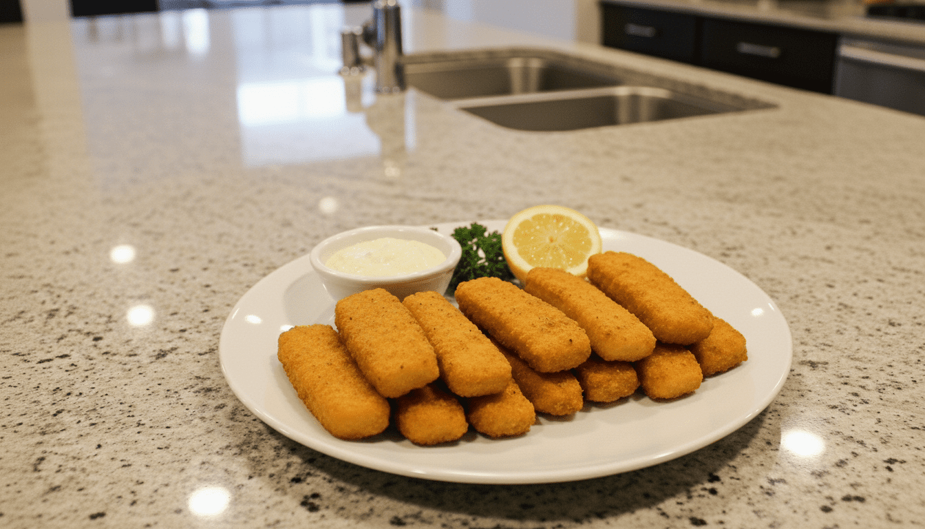Sepiring stik ikan yang dilapisi tepung roti dengan saus tartar, irisan lemon, dan peterseli di meja dapur