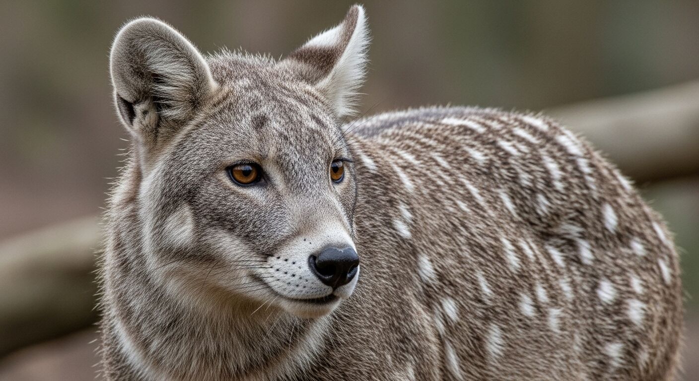 Tampilan jarak dekat dari seekor anjing liar Afrika berbintik coklat dan putih dengan mata kuning melihat ke samping.
