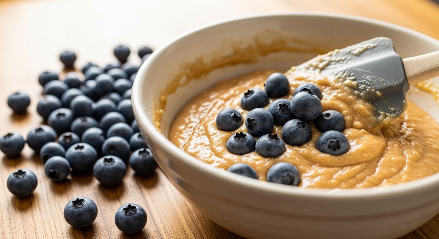 Semangkuk adonan dengan blueberry segar dan spatula abu-abu di permukaan kayu.