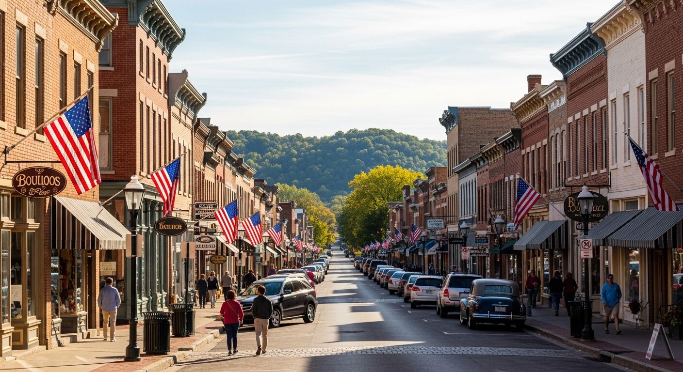 Jalan utama kota kecil yang dipenuhi bendera Amerika, bangunan bata, mobil yang diparkir, dan pejalan kaki.