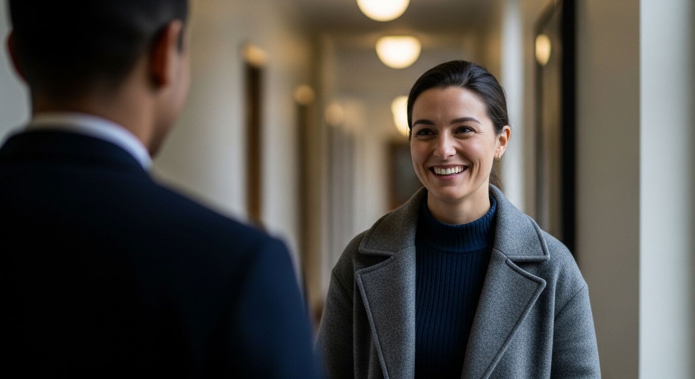 Wanita tersenyum bermantel abu-abu berbicara dengan pria berjas gelap di lorong dengan lampu langit-langit bundar.