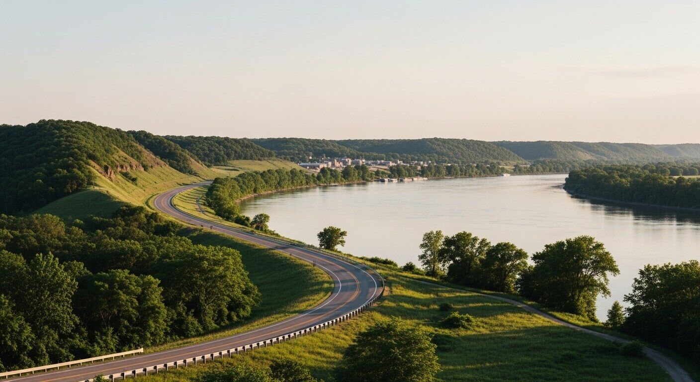 Jalan berkelok di sepanjang sungai dengan perbukitan hijau dan pepohonan di bawah langit cerah saat matahari terbenam.