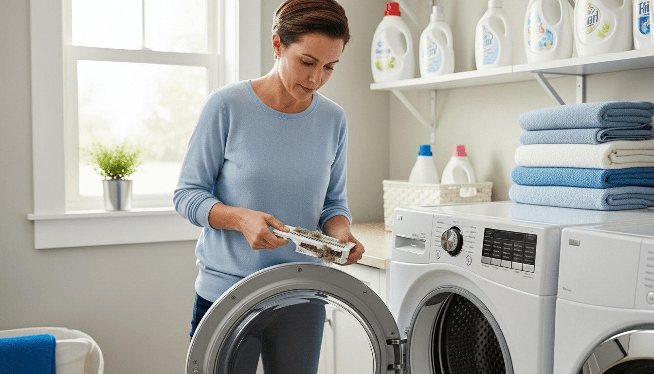 Wanita membersihkan perangkap serat dari pengering bukaan depan di ruang cuci dengan handuk terlipat dan botol deterjen di dekatnya