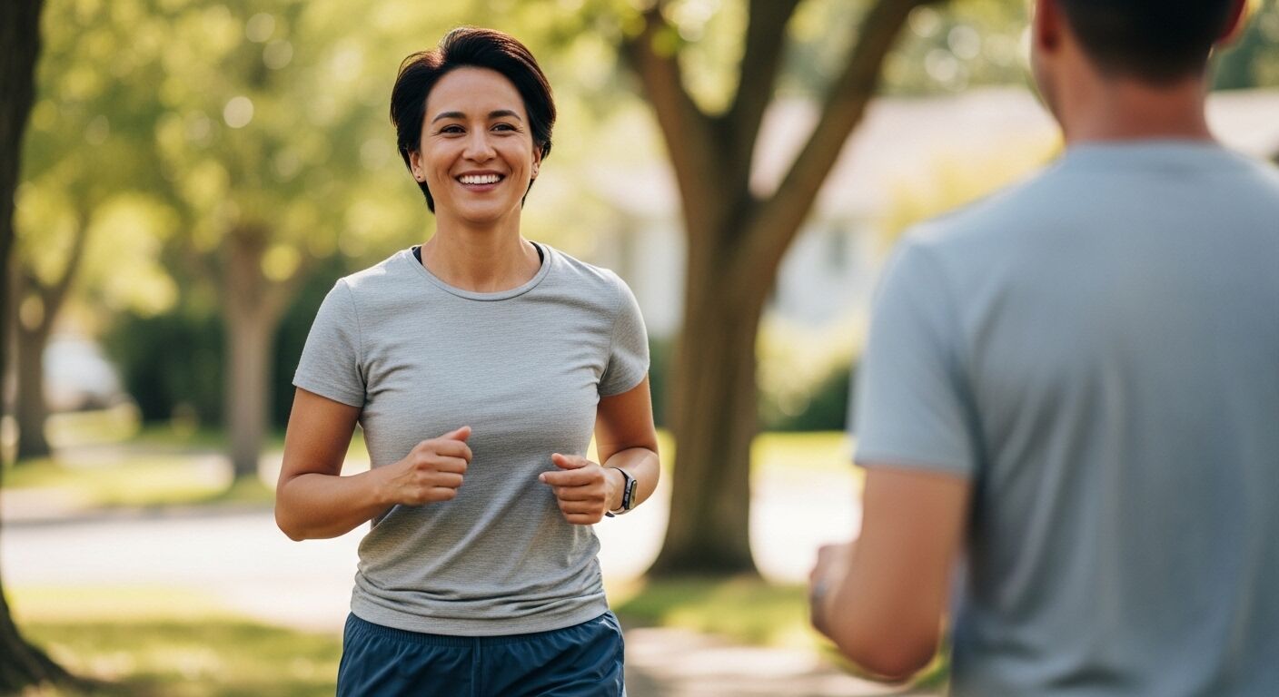 Wanita tersenyum jogging di luar ruangan dengan kemeja abu-abu dan celana pendek biru dengan seorang pria berkemeja abu-abu di latar depan.