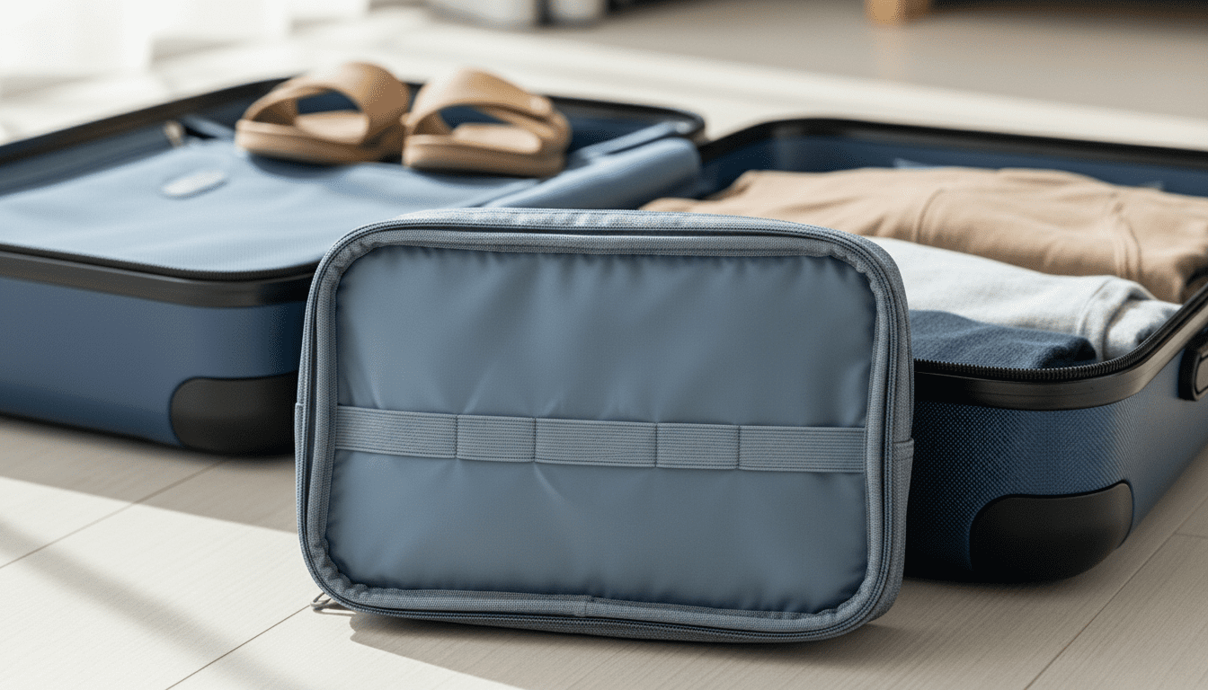 Kubus pengepakan biru di depan koper biru terbuka dengan pakaian terlipat dan sandal di dalamnya