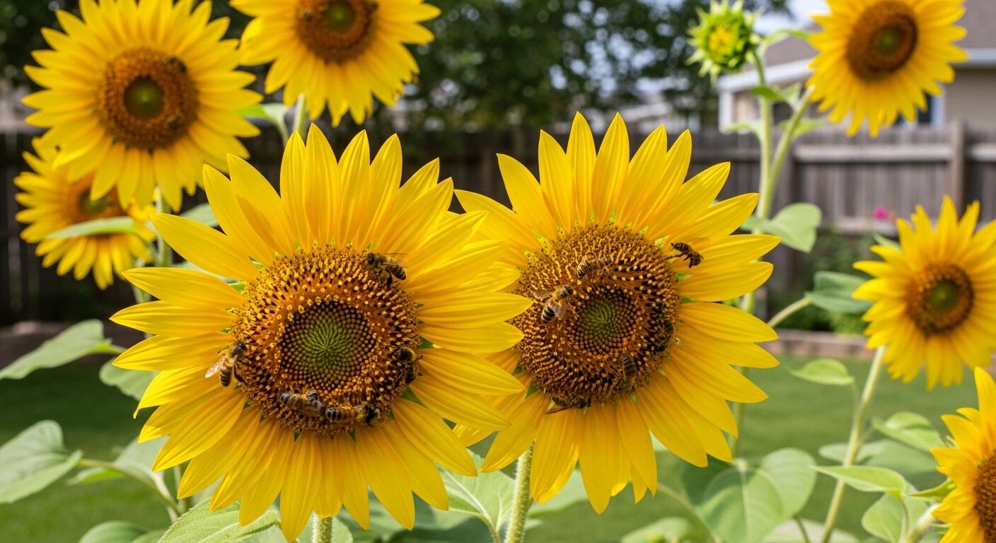Dua bunga matahari kuning cerah dengan lebah mengumpulkan nektar di taman dengan latar belakang pagar kayu.