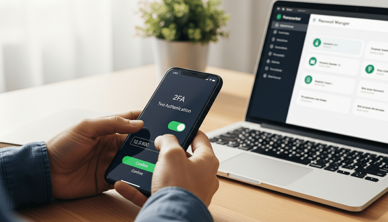 Orang yang mengaktifkan otentikasi dua faktor pada ponsel pintar dengan pengelola kata sandi terbuka di laptop terdekat