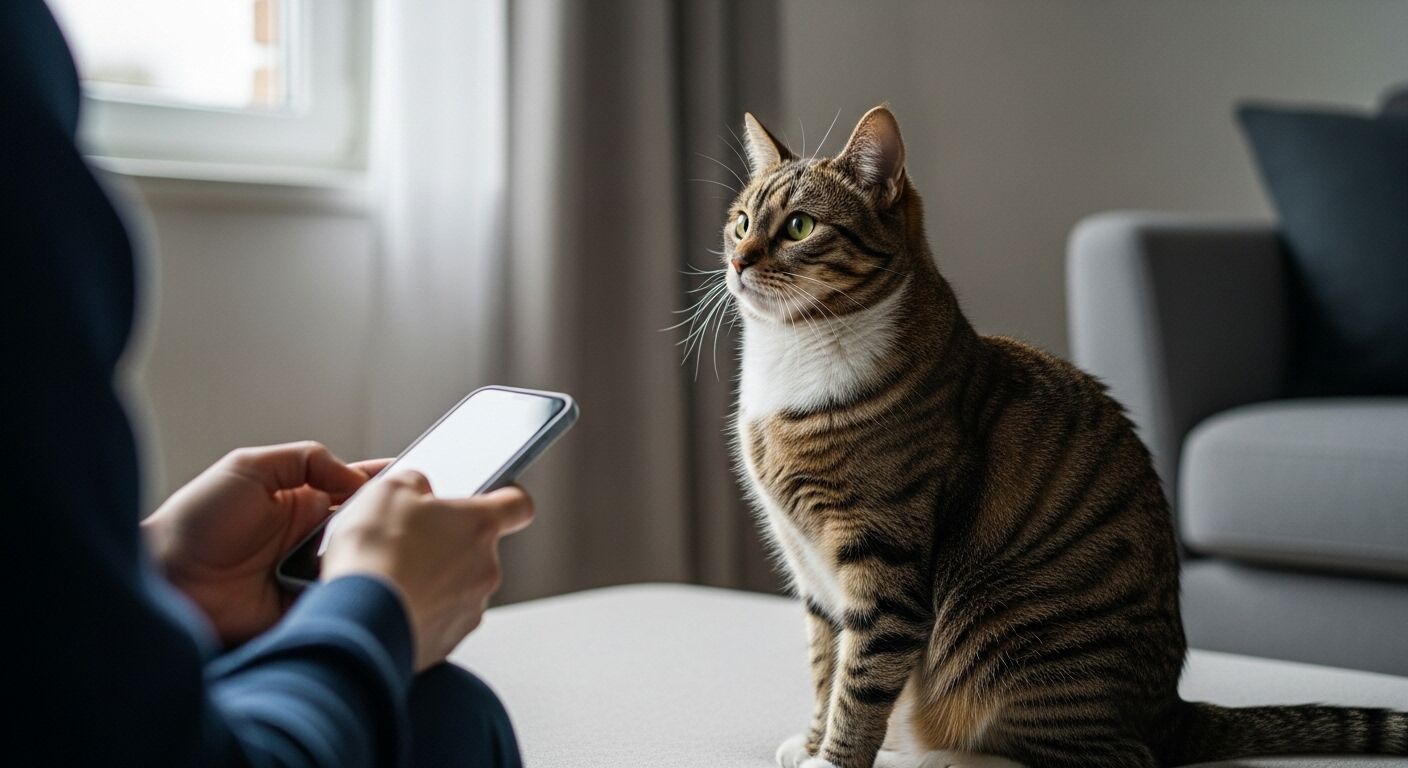 Kucing tabby yang duduk di atas meja melihat dengan penuh perhatian sementara seseorang dengan sweter biru menggunakan ponsel pintar di dekatnya