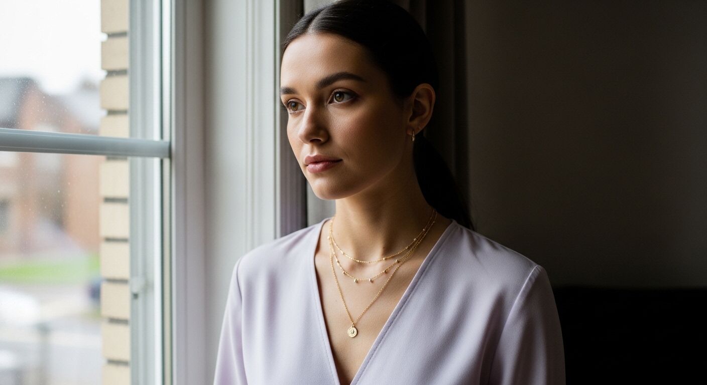 Wanita muda dengan rambut hitam mengenakan kalung emas berlapis dan blus lavender muda memandang ke luar jendela