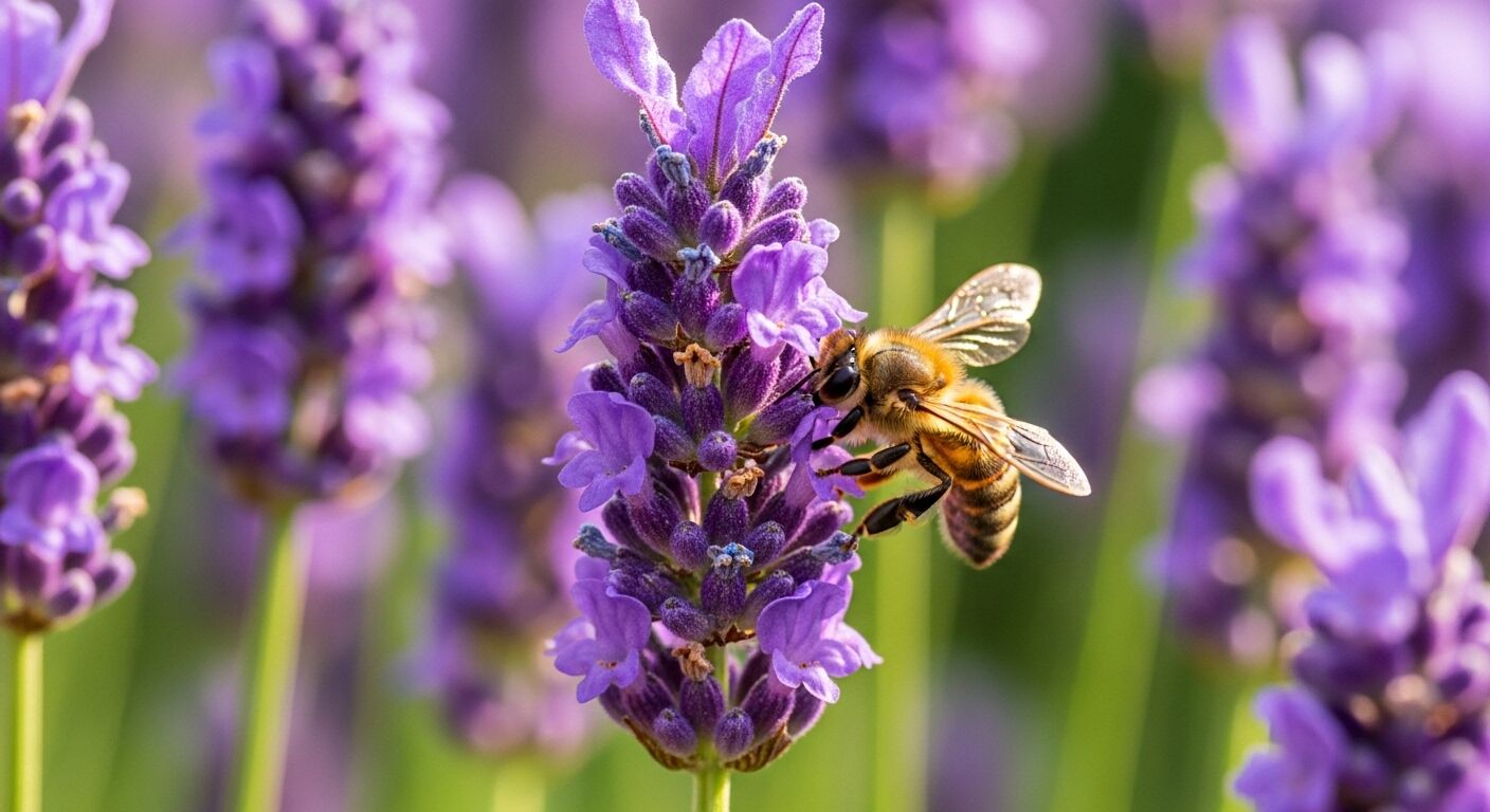 Lebah madu mengumpulkan nektar dari bunga lavender ungu di taman.