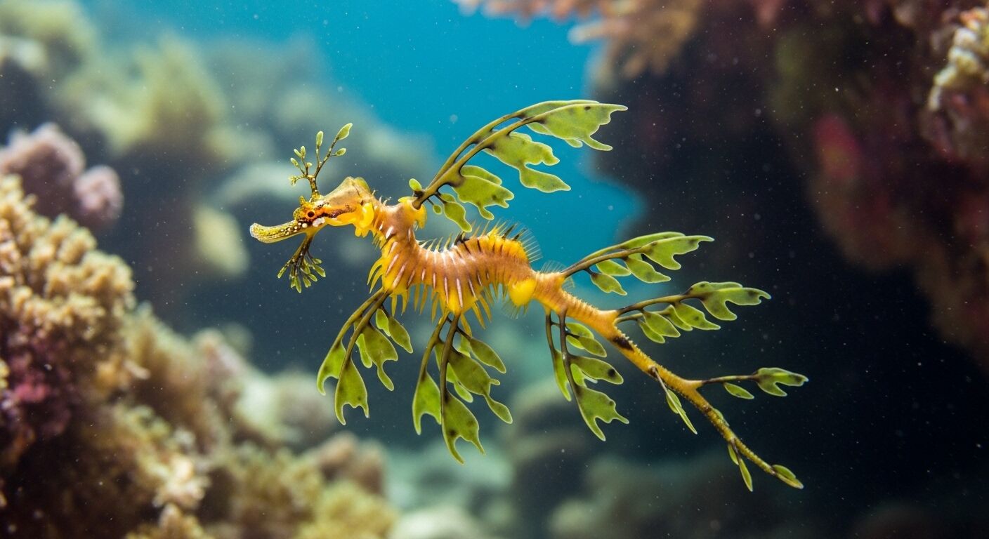 Naga laut berdaun berenang di dekat terumbu karang di bawah air dengan latar belakang biru