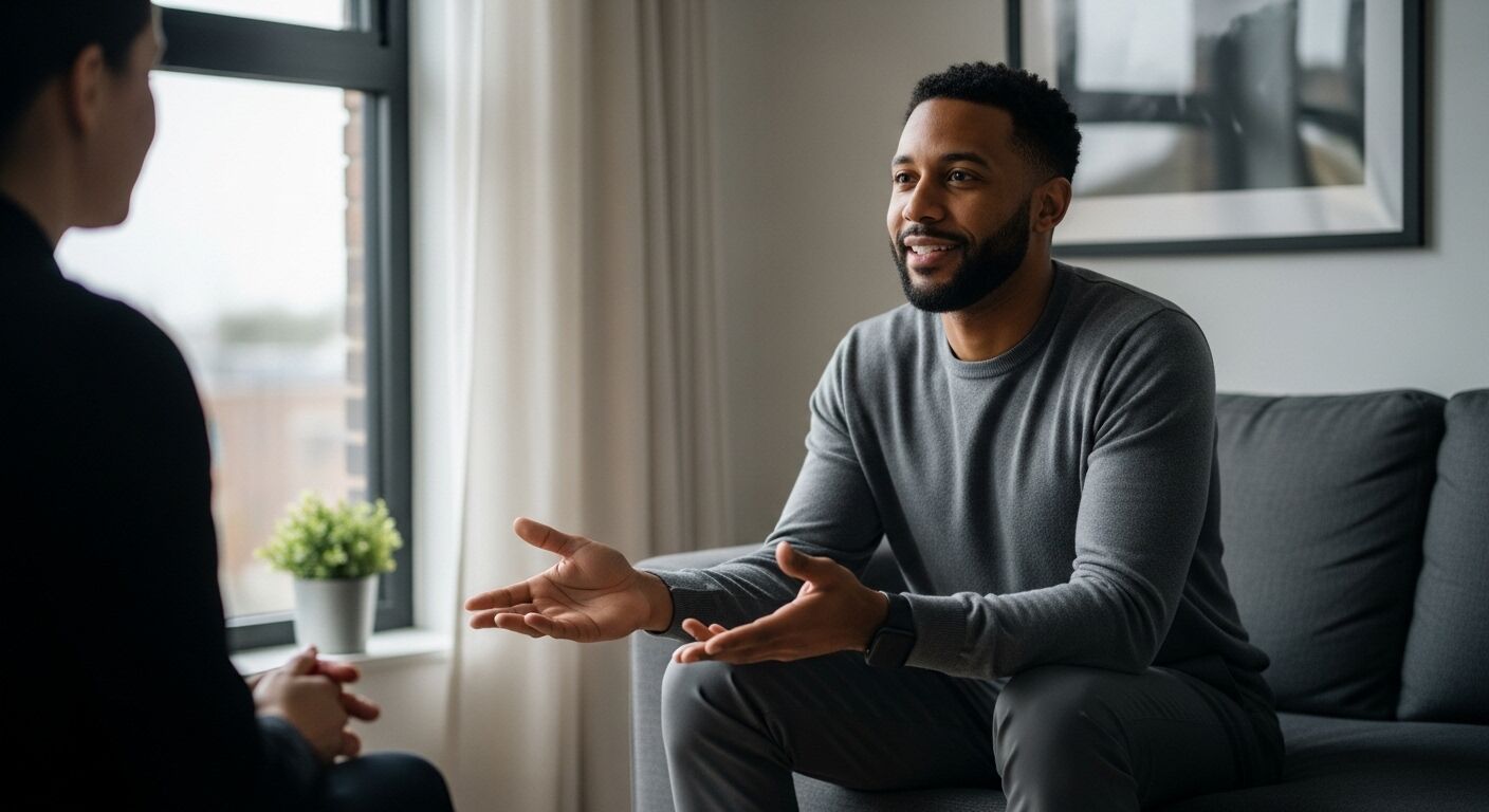 Pria bersweter abu-abu memberi isyarat sambil berbicara dengan orang di dekat jendela di ruang tamu