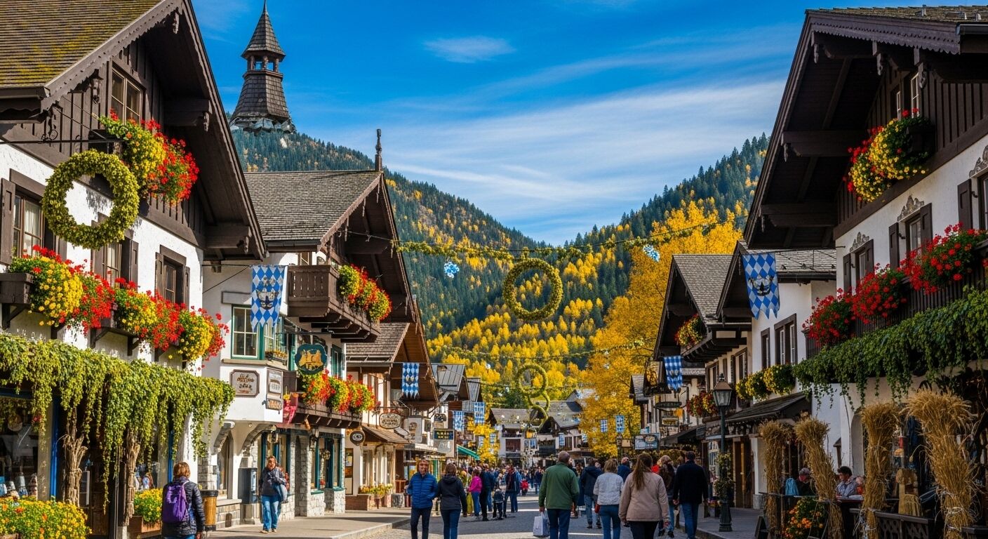 Jalan pejalan kaki di desa bergaya Bavaria dengan kotak bunga, dekorasi karangan bunga, dan pohon musim gugur dengan latar belakang pegunungan.