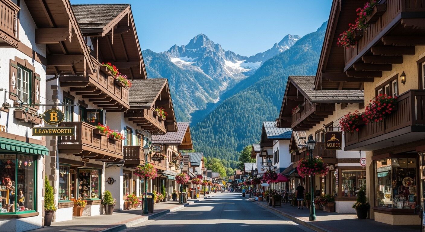 Pusat kota Leavenworth, Washington, dengan latar belakang bangunan bergaya Bavaria dan pegunungan di bawah langit cerah.