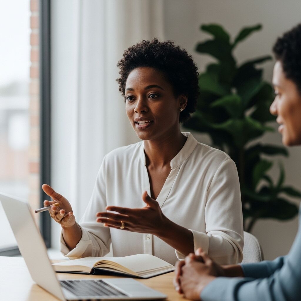 Wanita berbaju putih menjelaskan sambil memegang pena saat rapat dengan rekannya di meja dengan laptop dan buku catatan