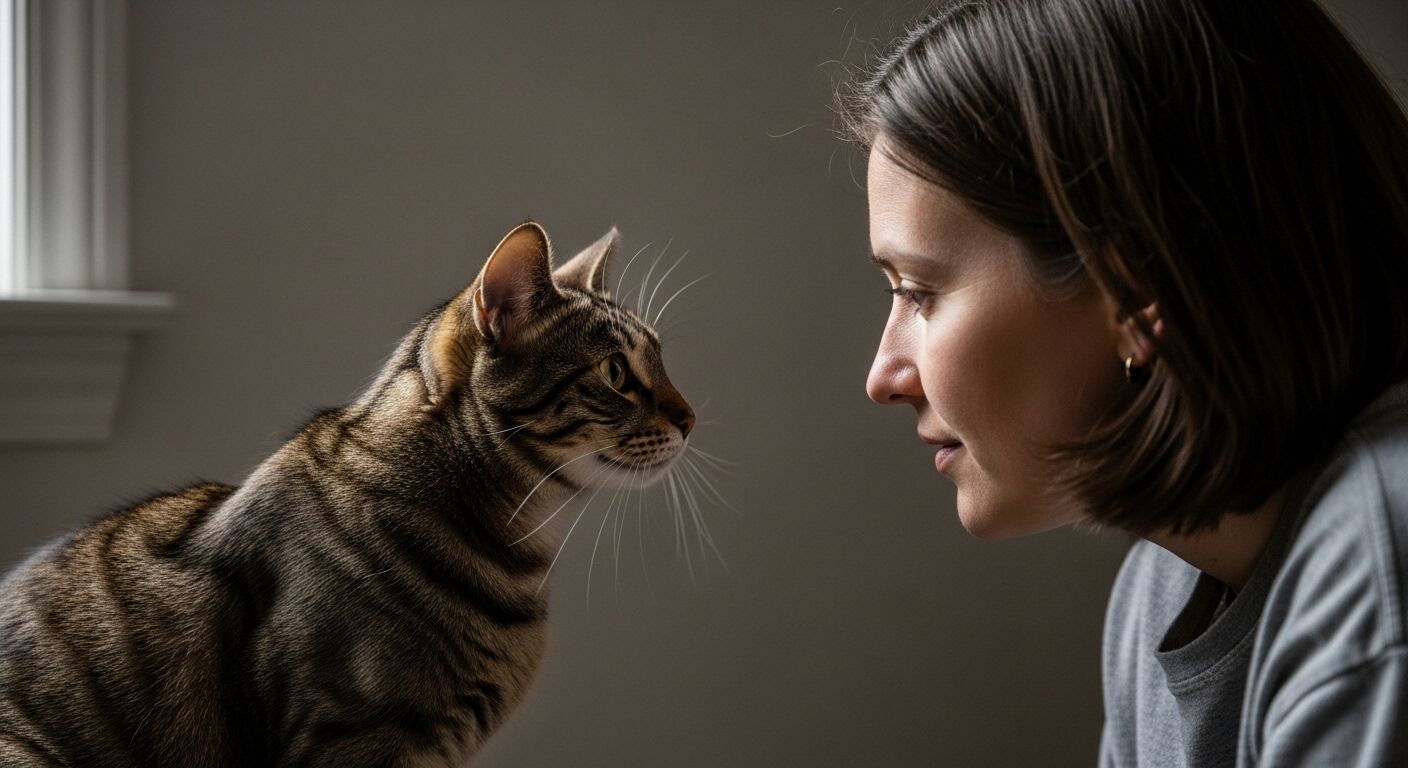 Wanita dan kucing kucing saling berhadapan di dalam ruangan dekat jendela dengan latar belakang netral