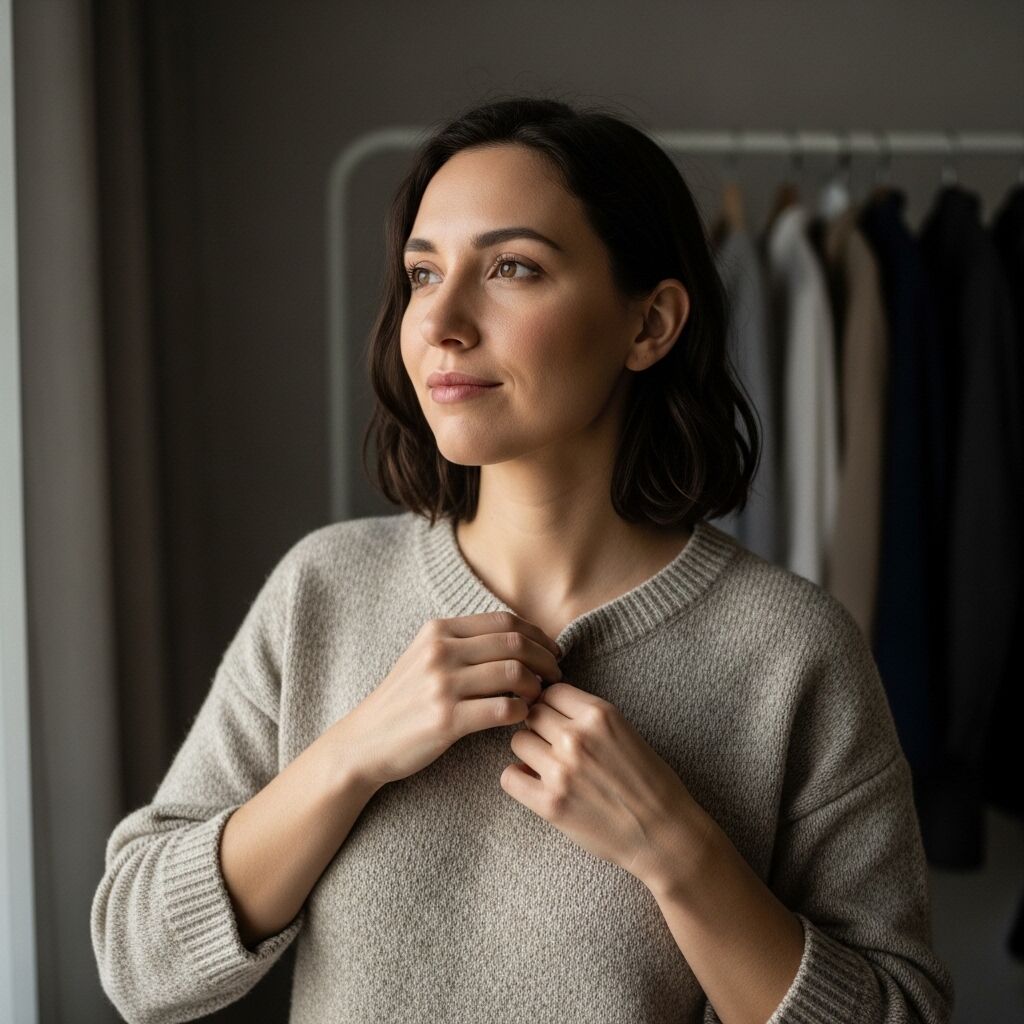 Wanita muda dengan rambut hitam pendek mengenakan sweter krem, mengancingkannya sambil melihat ke samping sambil berpikir.