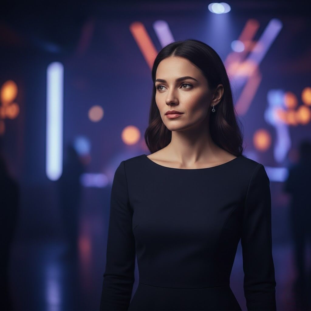 Wanita muda berpakaian hitam dengan anting-anting berdiri di tempat yang remang-remang dengan latar belakang lampu warna-warni yang kabur