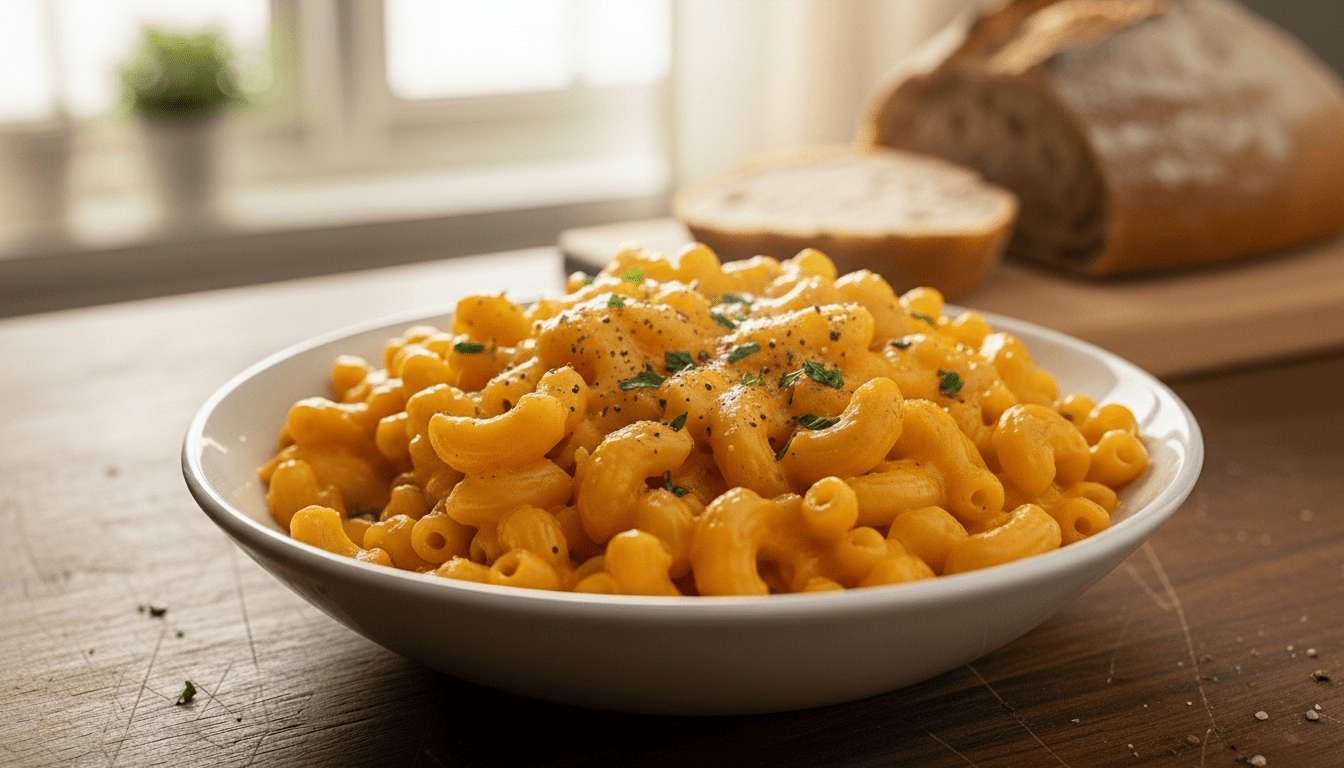 Semangkuk makaroni dan keju yang dihias dengan bumbu dan lada hitam, dengan irisan roti sebagai latar belakang.