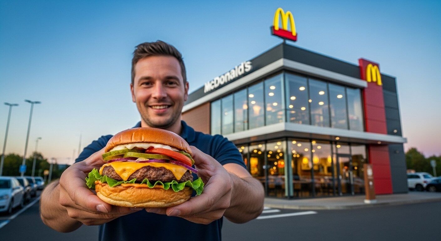 Pria memegang burger keju di depan restoran McDonald's saat senja