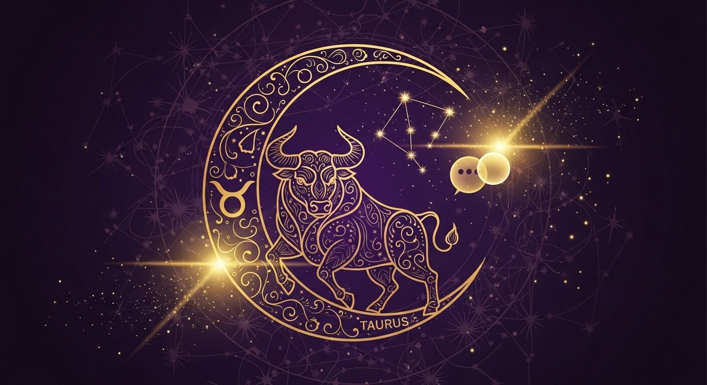 Banteng zodiak Golden Taurus dengan konstelasi dan bulan sabit dengan latar belakang ungu tua