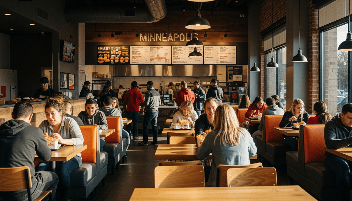 Pelanggan makan dan memesan makanan di dalam restoran Minneapolis dengan bilik oranye dan lampu gantung.